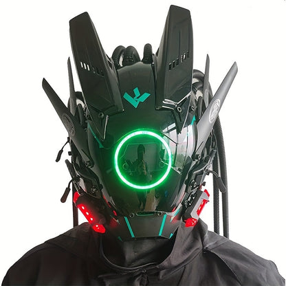 LED Braided Cyberpunk Costume Helmet with Circular Face Light and Blue, Green or Pink Accent Styles