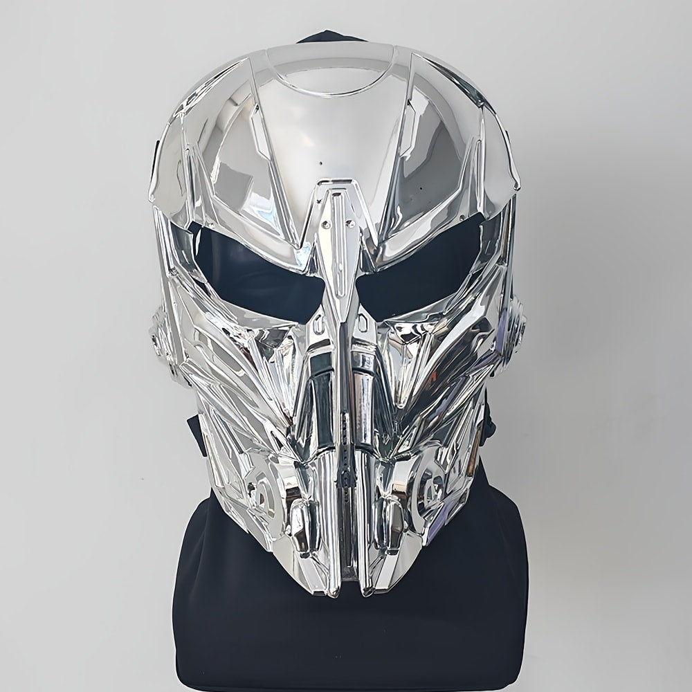 Silver-Plated Mechanical Costume Mask with Full-Face Sci-Fi Design and Sculpted Black Interior