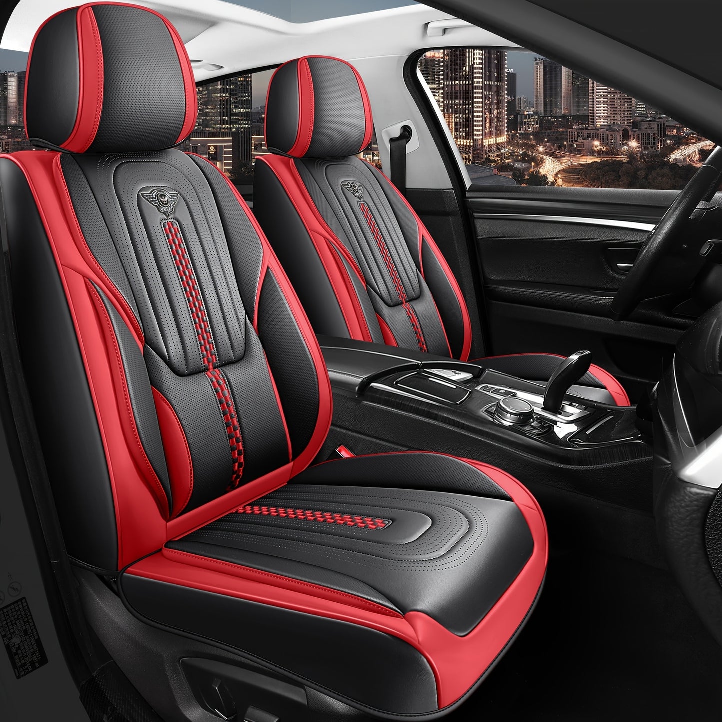 PU Leather Car Seat Cover Full Enclosure with Lumbar Support & Sponge Cushion – Two-Tone Sporty Design Universal Fit for Car Sedan Truck SUV (White-Black / Gray / Red-Black / Orange-Black)