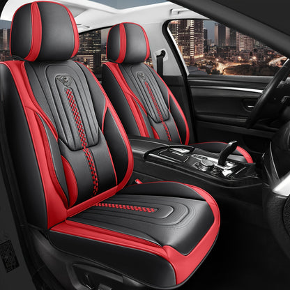 PU Leather Car Seat Cover Full Enclosure with Lumbar Support & Sponge Cushion – Two-Tone Sporty Design Universal Fit for Car Sedan Truck SUV (White-Black / Gray / Red-Black / Orange-Black)