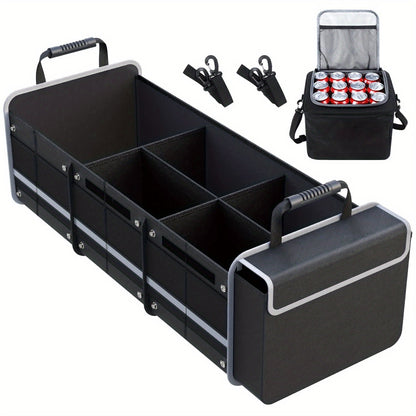 Collapsible Car Trunk Organizer with Three Compartments, Removable Dividers, Lid and Tie-Down Straps