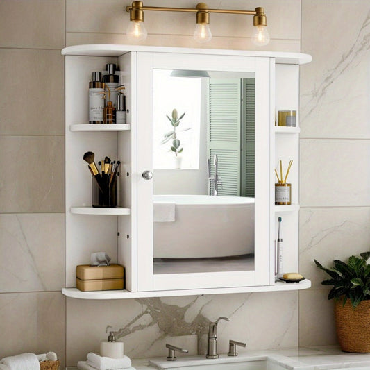 Bathroom Medicine Cabinet, Wall Mounted with Mirror & 6 Side Open Shelves, White Wall shown in the main product view
