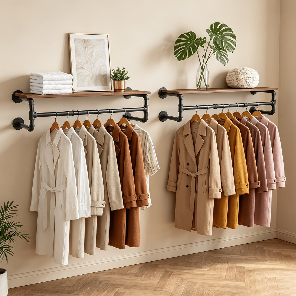 Clothes Rack, Wall Mounted Industrial Pipe with Top Wood Shelf and 3 Hooks 66 Lb Capacity shown in the main product view