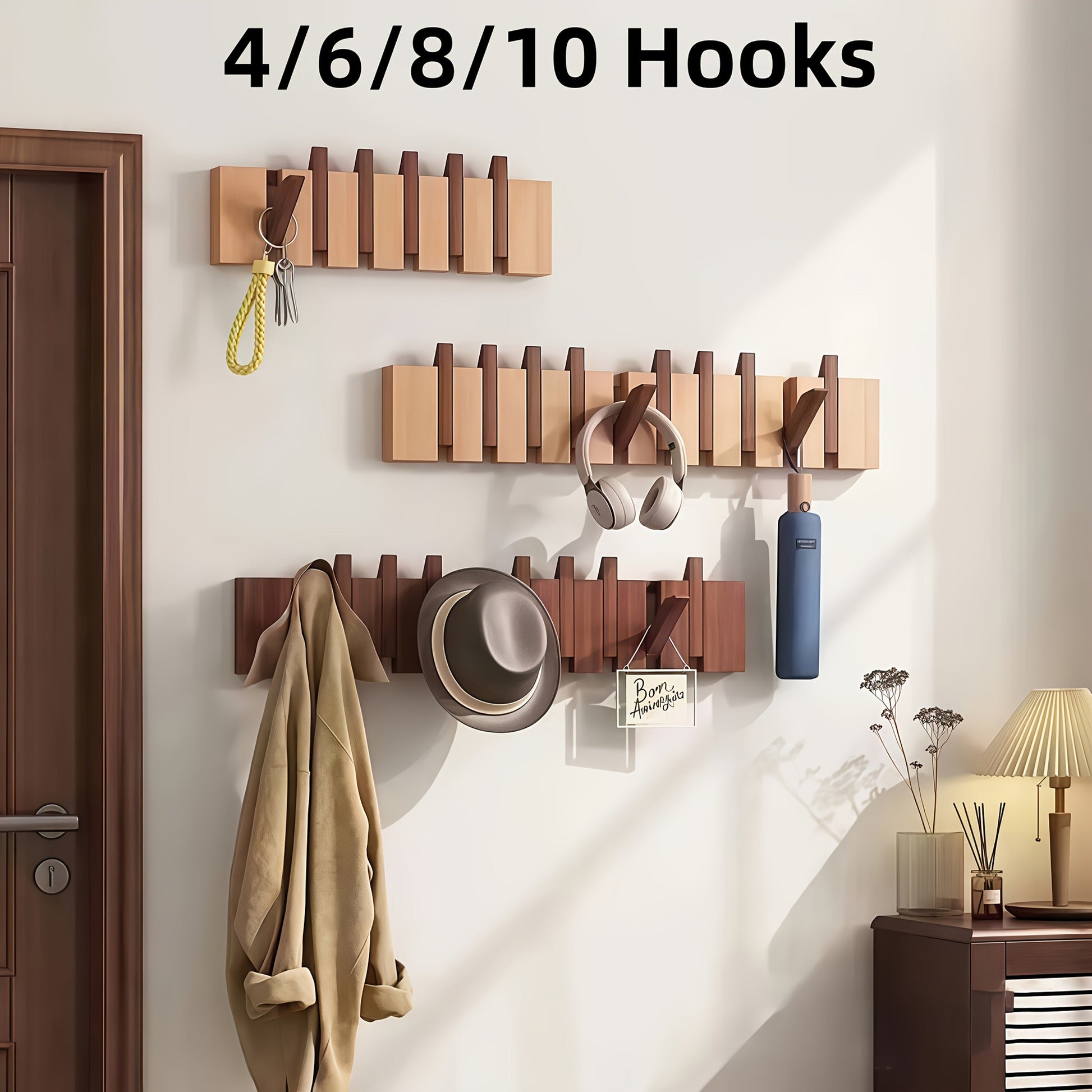 Coat Rack, Wall Mounted Natural Wood Accordion Folding Hook Rack 4 6 8 10 Hooks Entryway shown in the main product view