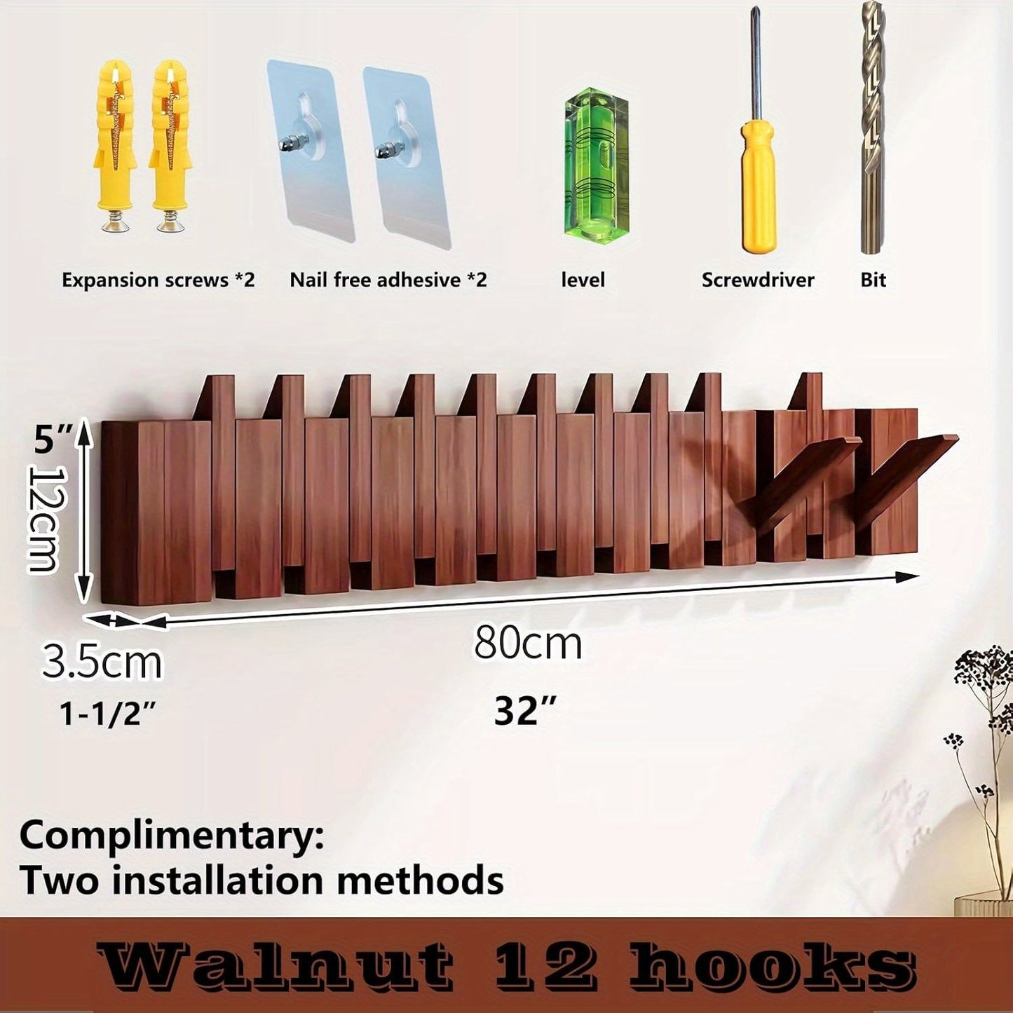 Coat Rack shown in the LED Walnut, 12 Hooks option