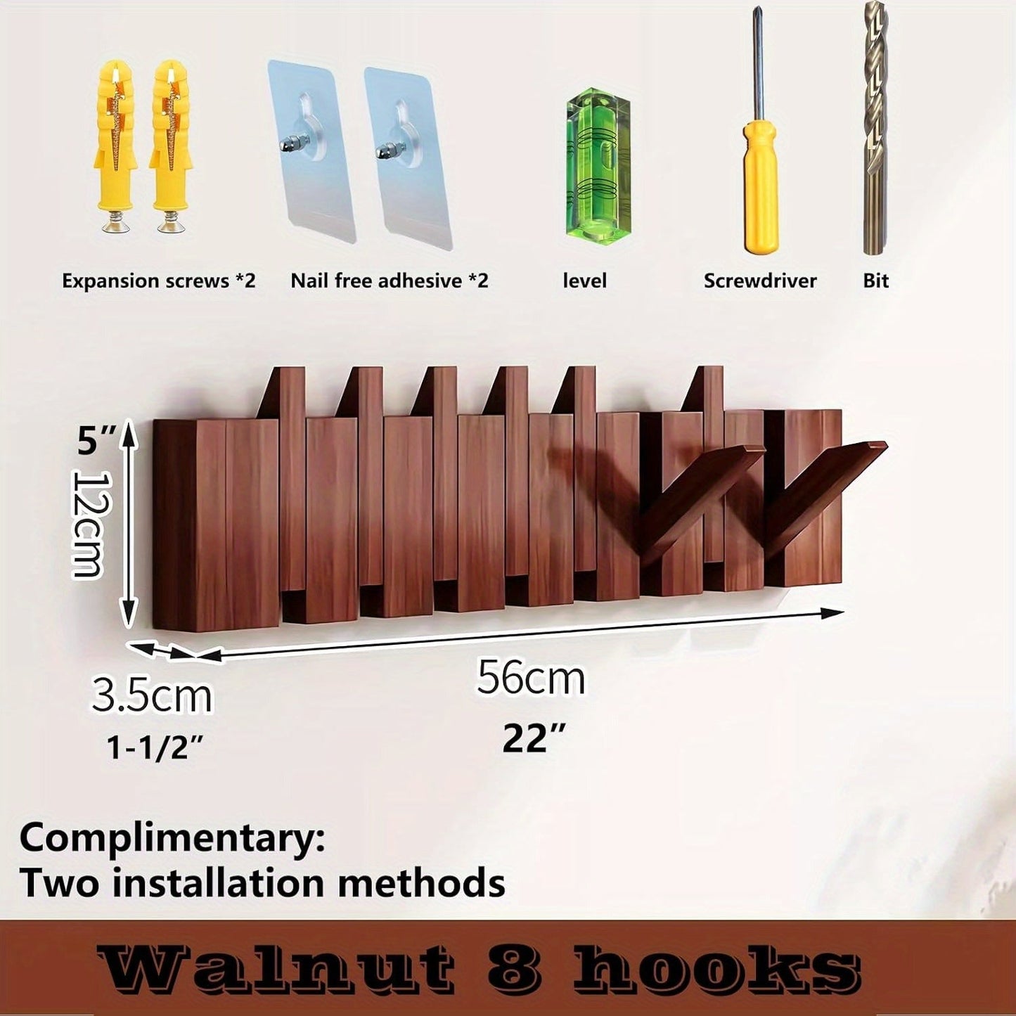 Coat Rack shown in the LED Walnut, 8 Hooks option