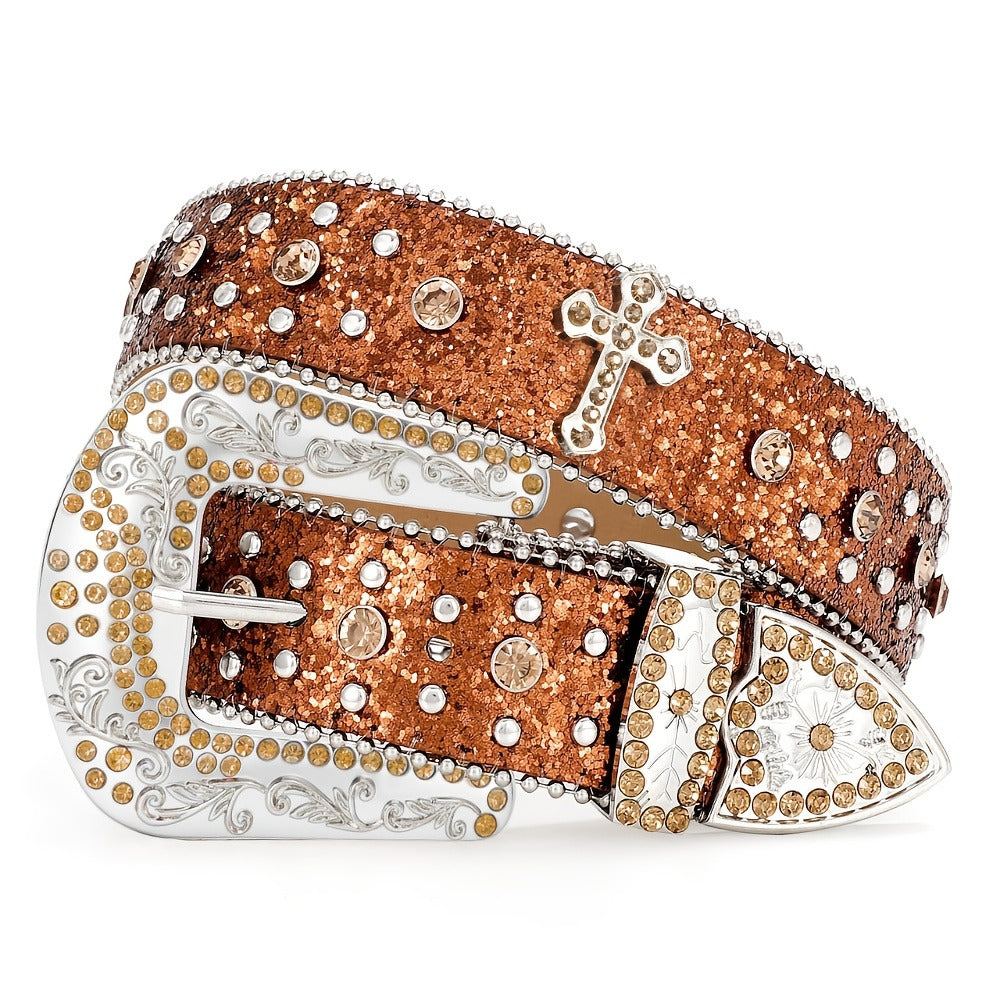 Western Belt - Rhinestone Studded Unisex Punk Carved Buckle PU Leather Hip-Hop Waist - product detail view 3