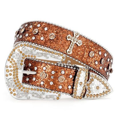 Western Belt - Rhinestone Studded Unisex Punk Carved Buckle PU Leather Hip-Hop Waist - product detail view 3