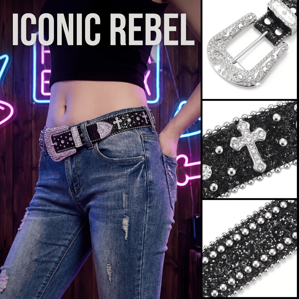 Western Belt - Rhinestone Studded Unisex Punk Carved Buckle PU Leather Hip-Hop Waist - product detail view 6