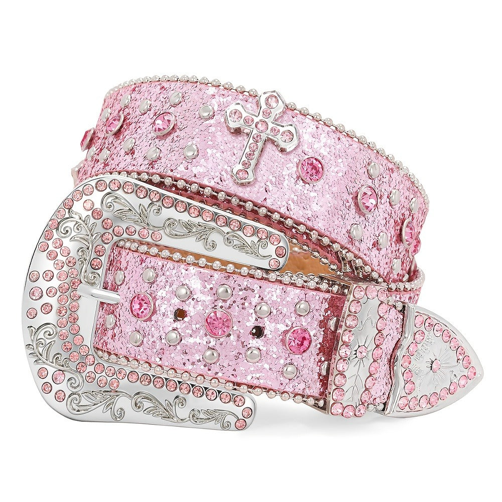 Western Belt - Rhinestone Studded Unisex Punk Carved Buckle PU Leather Hip-Hop Waist - product detail view 7