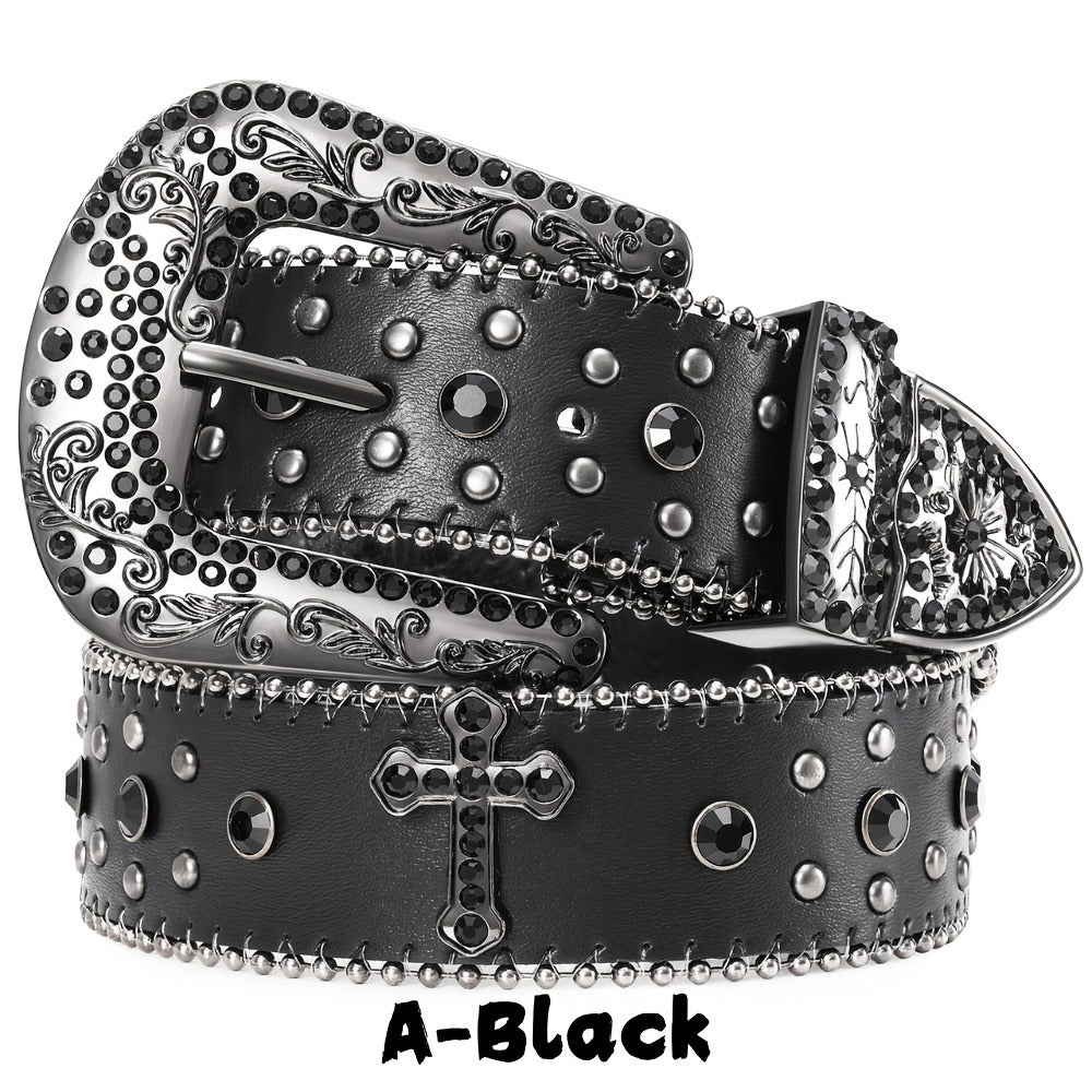 Western Belt - Rhinestone Studded Unisex Punk Carved Buckle PU Leather Hip-Hop Waist - product detail view 9