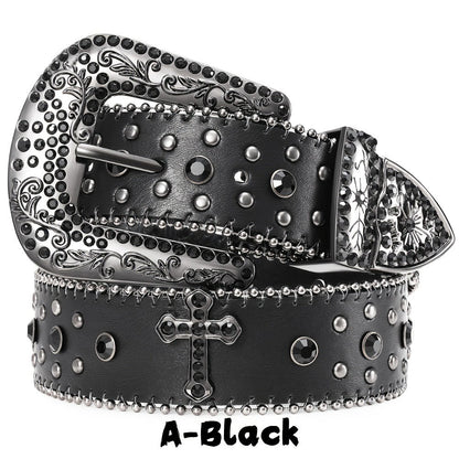 Western Belt - Rhinestone Studded Unisex Punk Carved Buckle PU Leather Hip-Hop Waist - product detail view 9