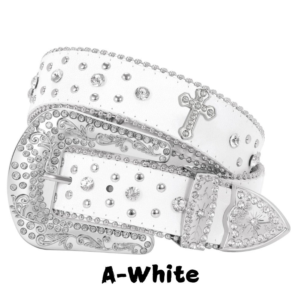 Western Belt - Rhinestone Studded Unisex Punk Carved Buckle PU Leather Hip-Hop Waist - product detail view 11