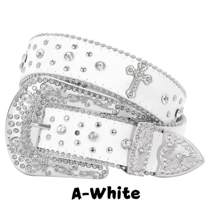 Western Belt - Rhinestone Studded Unisex Punk Carved Buckle PU Leather Hip-Hop Waist - product detail view 11