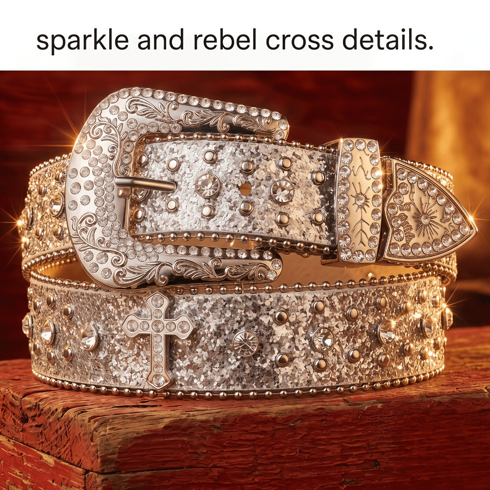 Western Belt - Rhinestone Studded Unisex Punk Carved Buckle PU Leather Hip-Hop Waist - product detail view 13