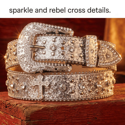 Western Belt - Rhinestone Studded Unisex Punk Carved Buckle PU Leather Hip-Hop Waist - product detail view 13