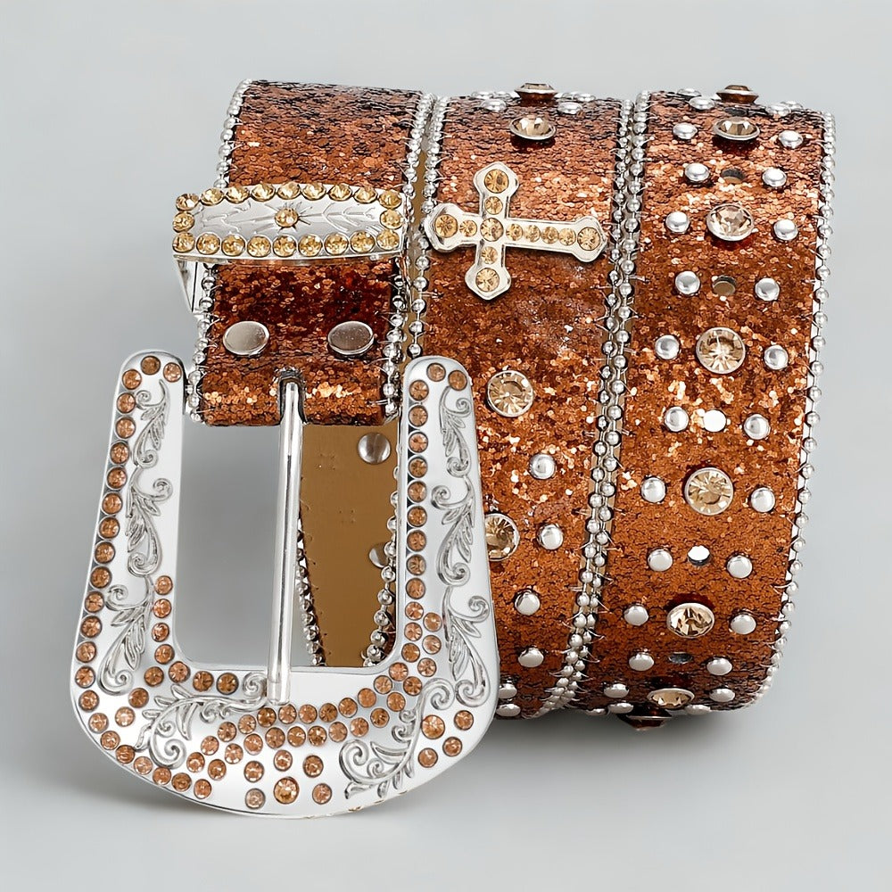 Western Belt - Rhinestone Studded Unisex Punk Carved Buckle PU Leather Hip-Hop Waist - product detail view 14