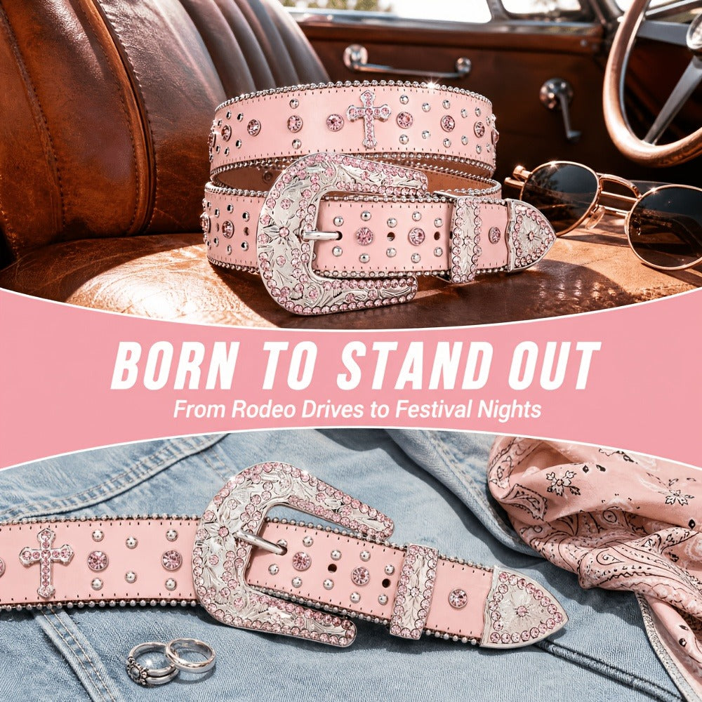 Western Belt - Rhinestone Studded Unisex Punk Carved Buckle PU Leather Hip-Hop Waist - product detail view 16