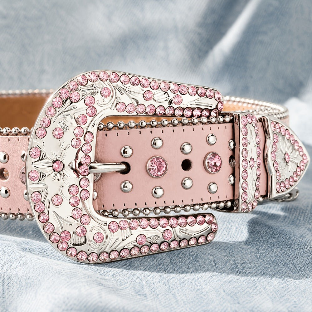 Western Belt - Rhinestone Studded Unisex Punk Carved Buckle PU Leather Hip-Hop Waist - product detail view 17