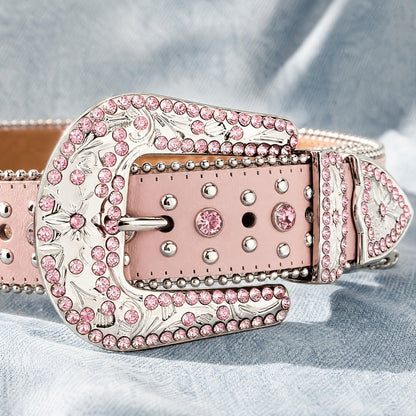 Western Belt - Rhinestone Studded Unisex Punk Carved Buckle PU Leather Hip-Hop Waist - product detail view 17