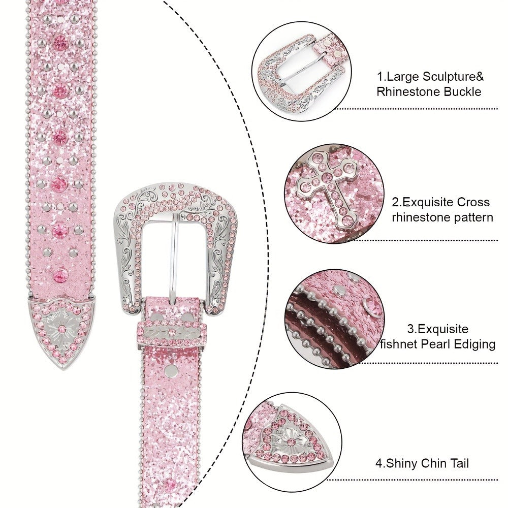 Western Belt - Rhinestone Studded Unisex Punk Carved Buckle PU Leather Hip-Hop Waist - product detail view 18