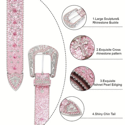 Western Belt - Rhinestone Studded Unisex Punk Carved Buckle PU Leather Hip-Hop Waist - product detail view 18