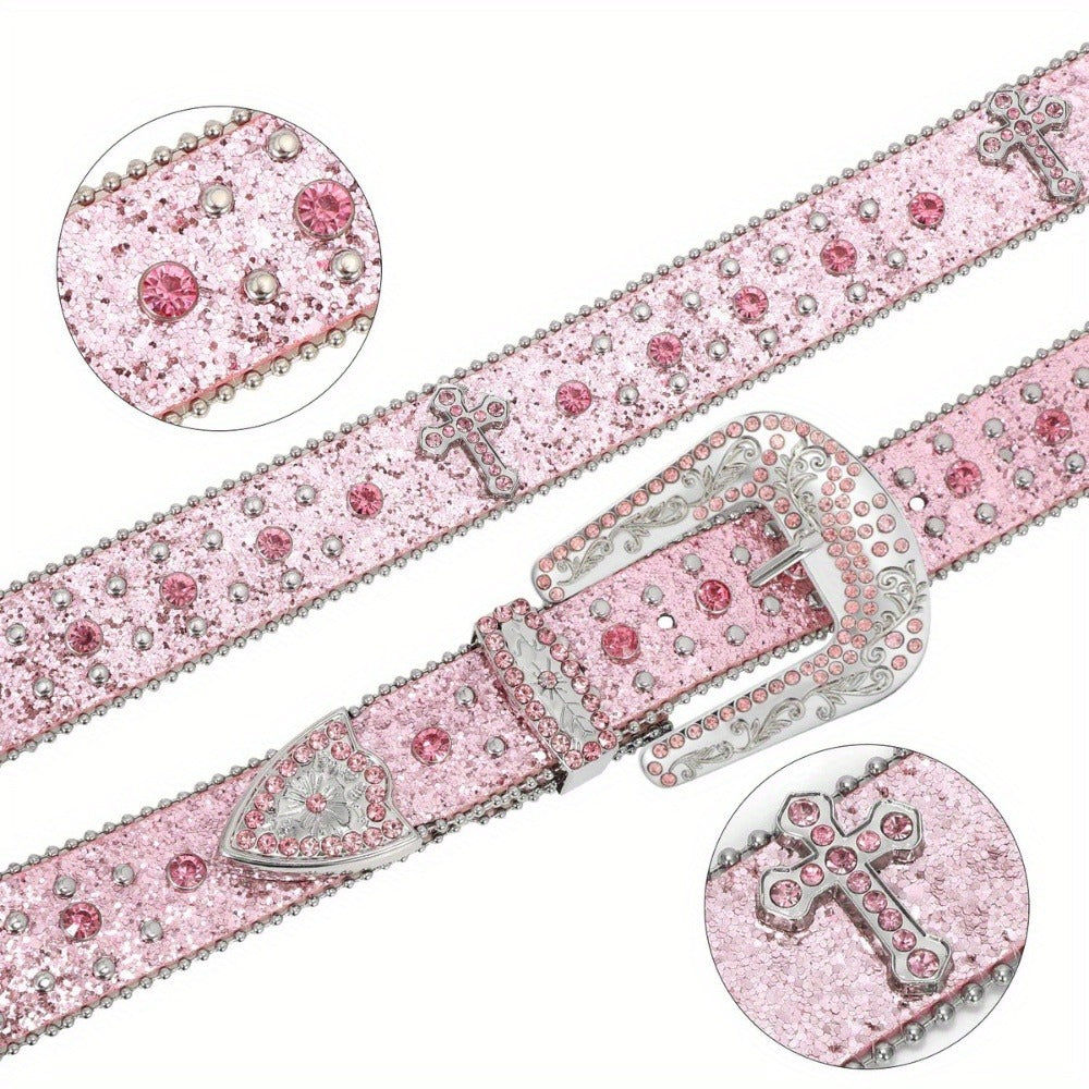 Western Belt - Rhinestone Studded Unisex Punk Carved Buckle PU Leather Hip-Hop Waist - product detail view 19