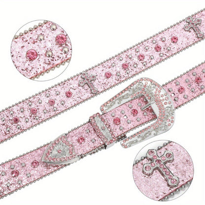 Western Belt - Rhinestone Studded Unisex Punk Carved Buckle PU Leather Hip-Hop Waist - product detail view 19