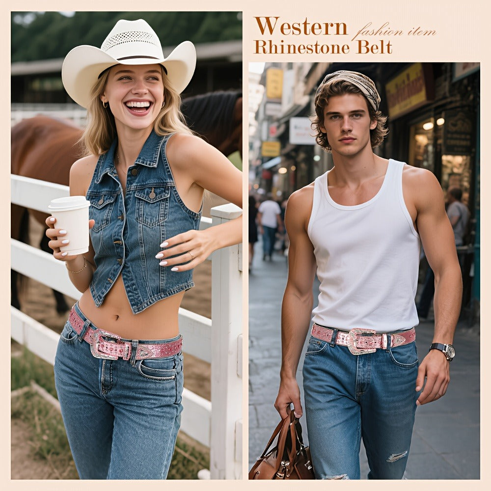 Western Belt - Rhinestone Studded Unisex Punk Carved Buckle PU Leather Hip-Hop Waist - product detail view 20