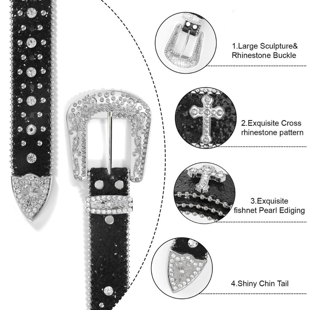 Western Belt - Rhinestone Studded Unisex Punk Carved Buckle PU Leather Hip-Hop Waist - product detail view 24