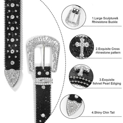 Western Belt - Rhinestone Studded Unisex Punk Carved Buckle PU Leather Hip-Hop Waist - product detail view 24
