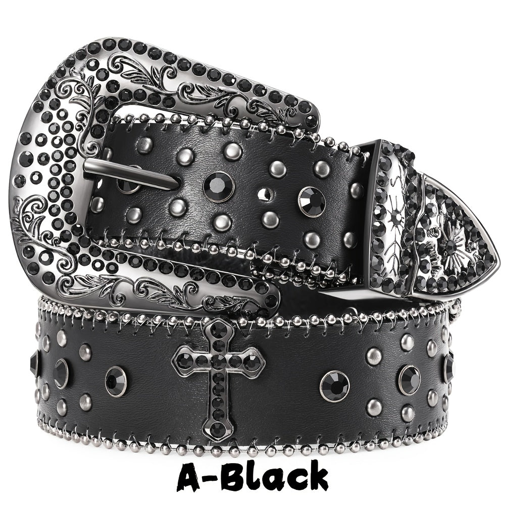 Western Belt - Rhinestone Studded Unisex Punk Carved Buckle PU Leather Hip-Hop Waist - product detail view 33