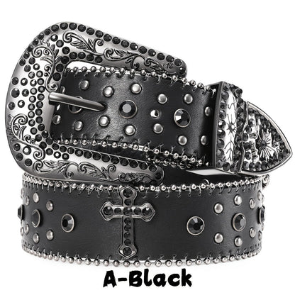 Western Belt - Rhinestone Studded Unisex Punk Carved Buckle PU Leather Hip-Hop Waist - product detail view 33