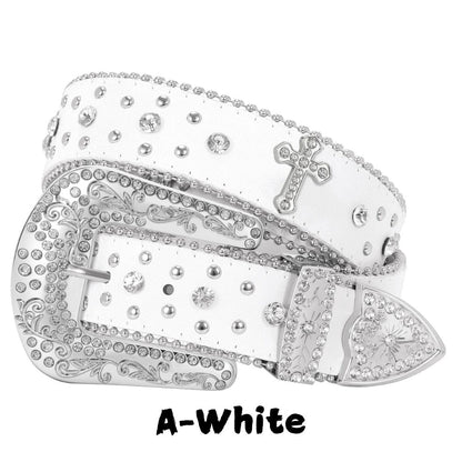 Western Belt - Rhinestone Studded Unisex Punk Carved Buckle PU Leather Hip-Hop Waist - product detail view 34