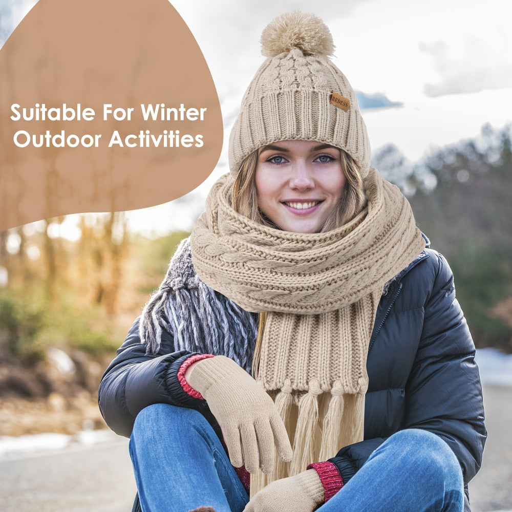 Winter Accessories Set - Hat Scarf Gloves for Women 3 Piece Warm Suede Touch Coordinated Cold - product detail view 4