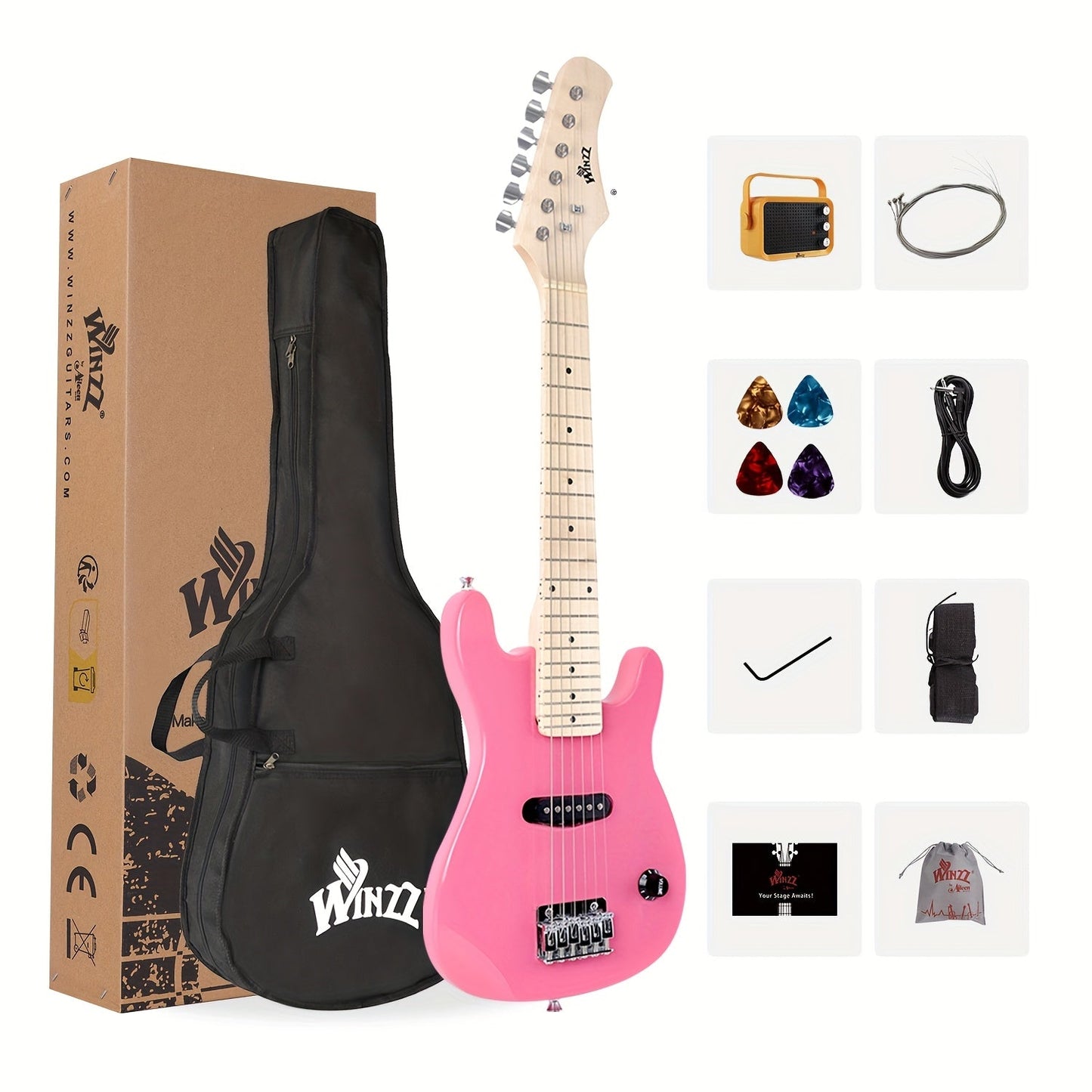 WINZZ 30-Inch Electric Guitar Starter Kit with Mini Amp and Gig Bag shown in the PINK option