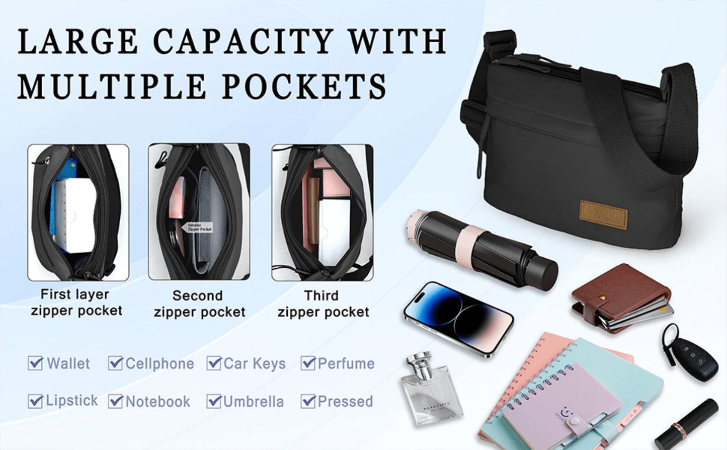 Crossbody Bag for Women – 5-Pocket, Large Capacity, Adjustable Strap, for Work – detail view 19