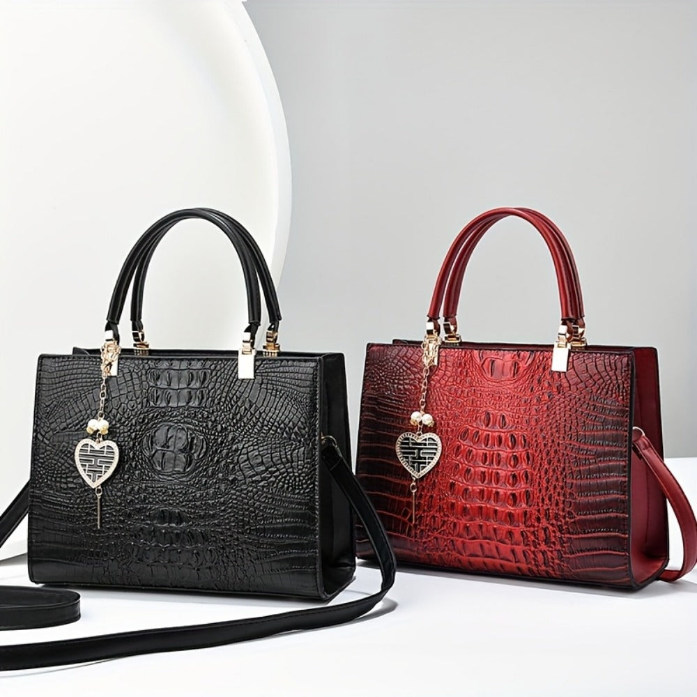 Crossbody Bag for Women – Convertible, Croc Print Heart Charm Top – detail view 12