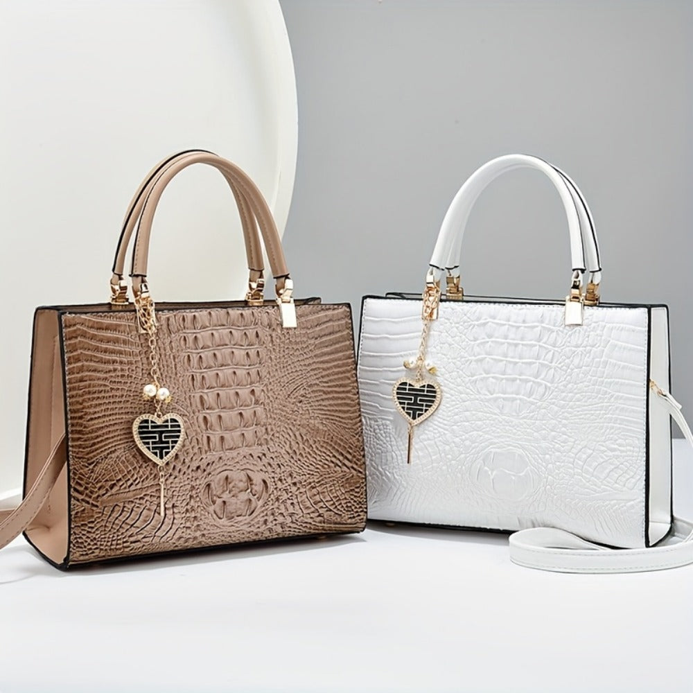 Crossbody Bag for Women – Convertible, Croc Print Heart Charm Top – detail view 13