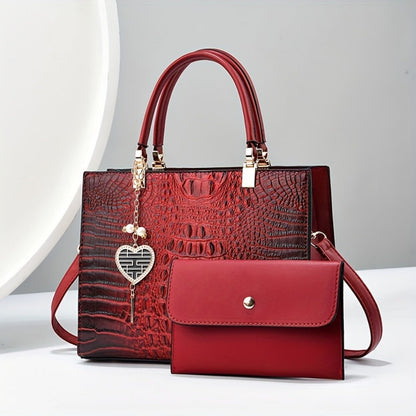 Crossbody Bag for Women – Convertible, Croc Print Heart Charm Top – detail view 3