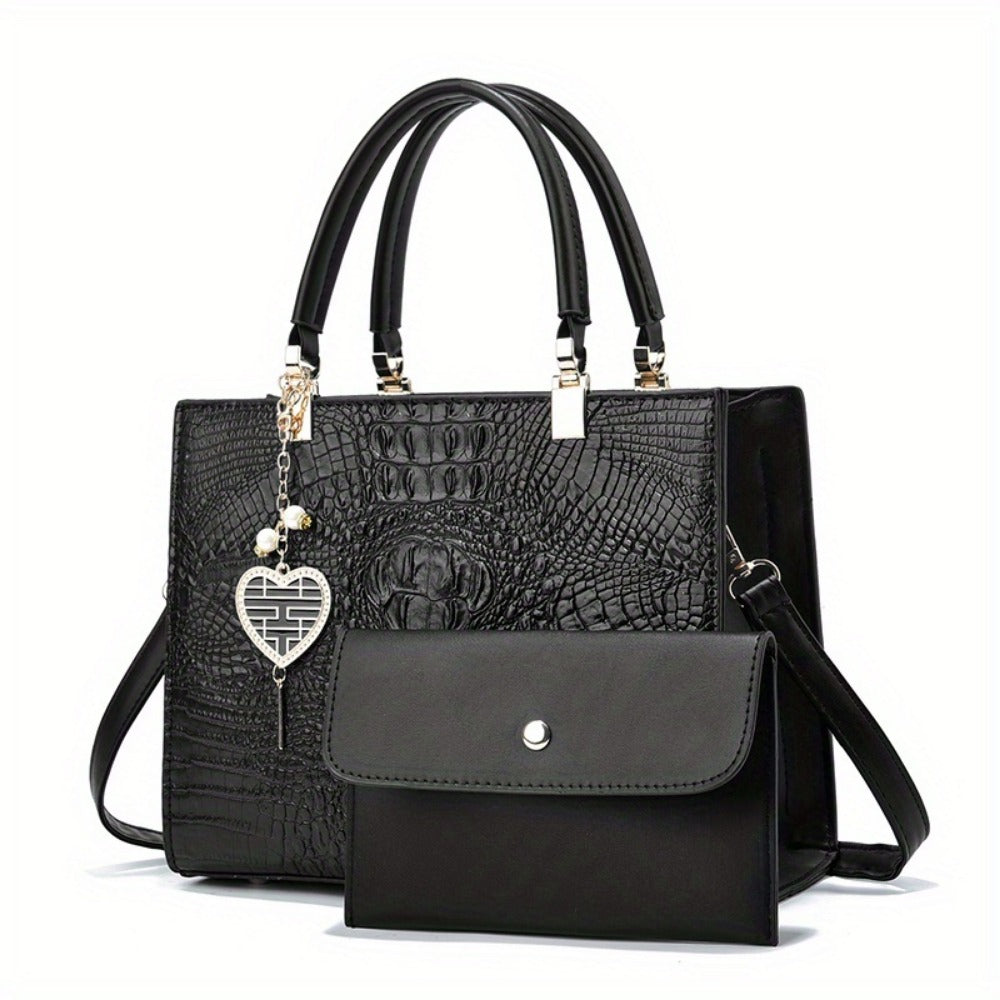 Crossbody Bag for Women – Convertible, Croc Print Heart Charm Top – detail view 5