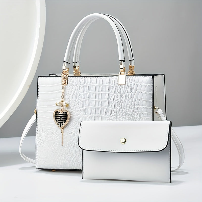 Crossbody Bag for Women – Convertible, Croc Print Heart Charm Top – front view - product view 21