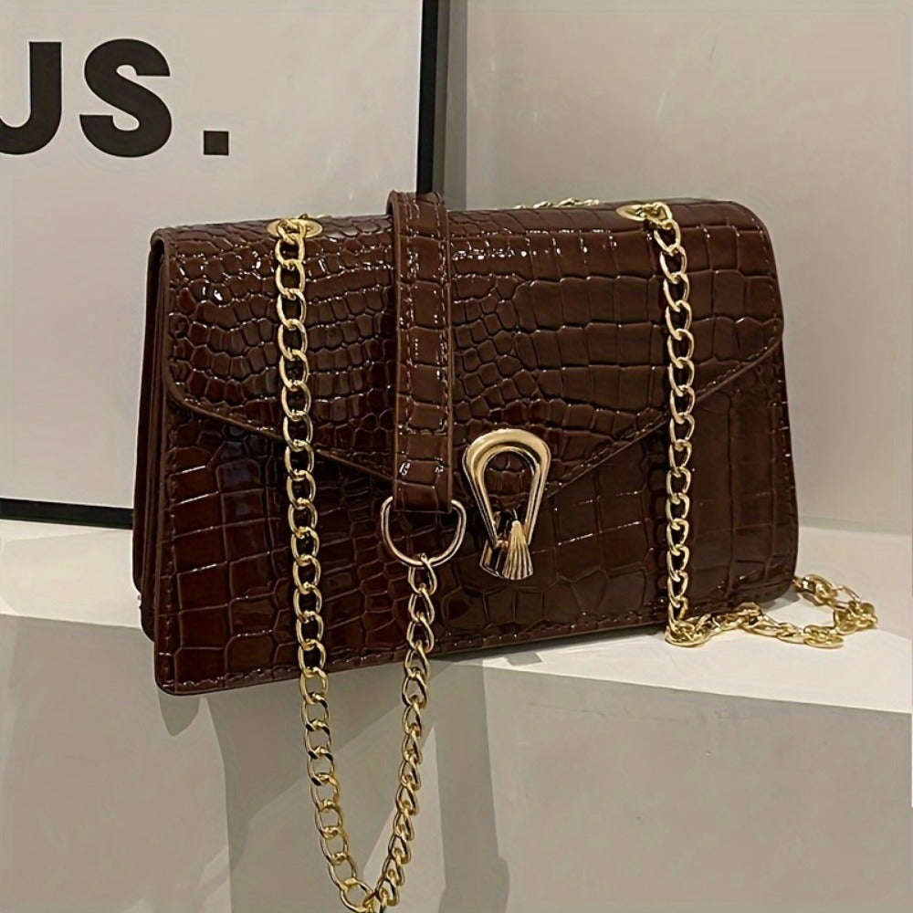 Crossbody Bag for Women – Croc Embossed Chain Glossy Faux – detail view 7
