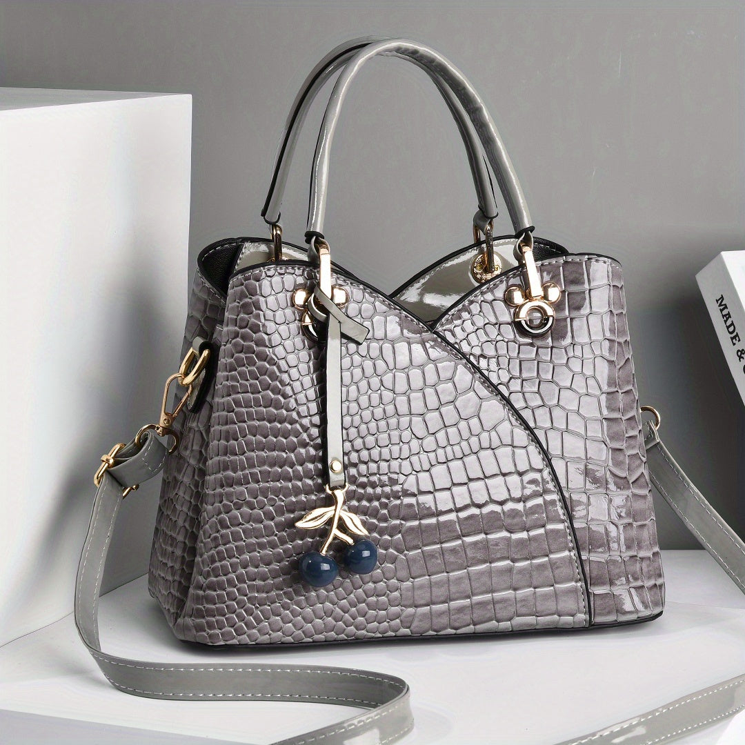 Crossbody Bag for Women – Faux Crocodile Texture Cherry Pendant – detail view 3