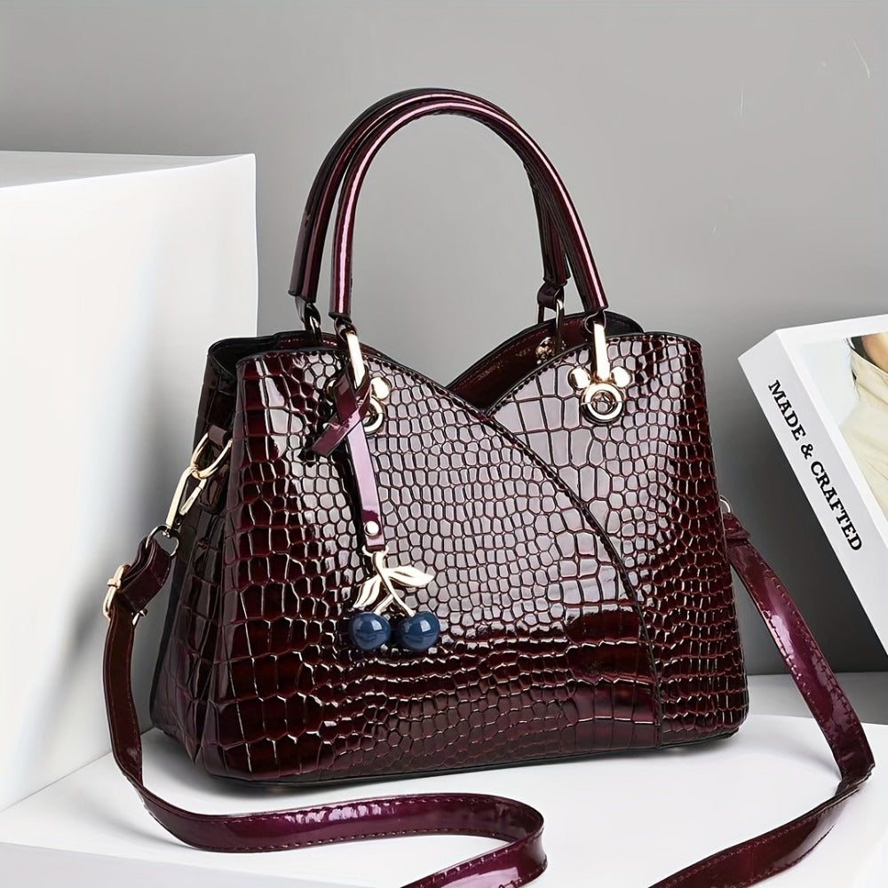 Crossbody Bag for Women – Faux Crocodile Texture Cherry Pendant – front view