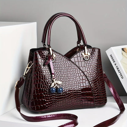 Crossbody Bag for Women – Faux Crocodile Texture Cherry Pendant – front view