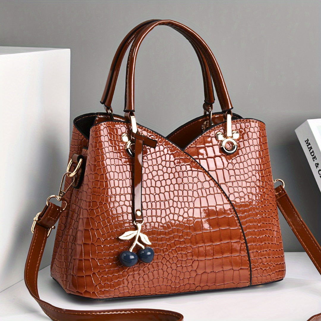 Crossbody Bag for Women – Faux Crocodile Texture Cherry Pendant – front view - product view 28