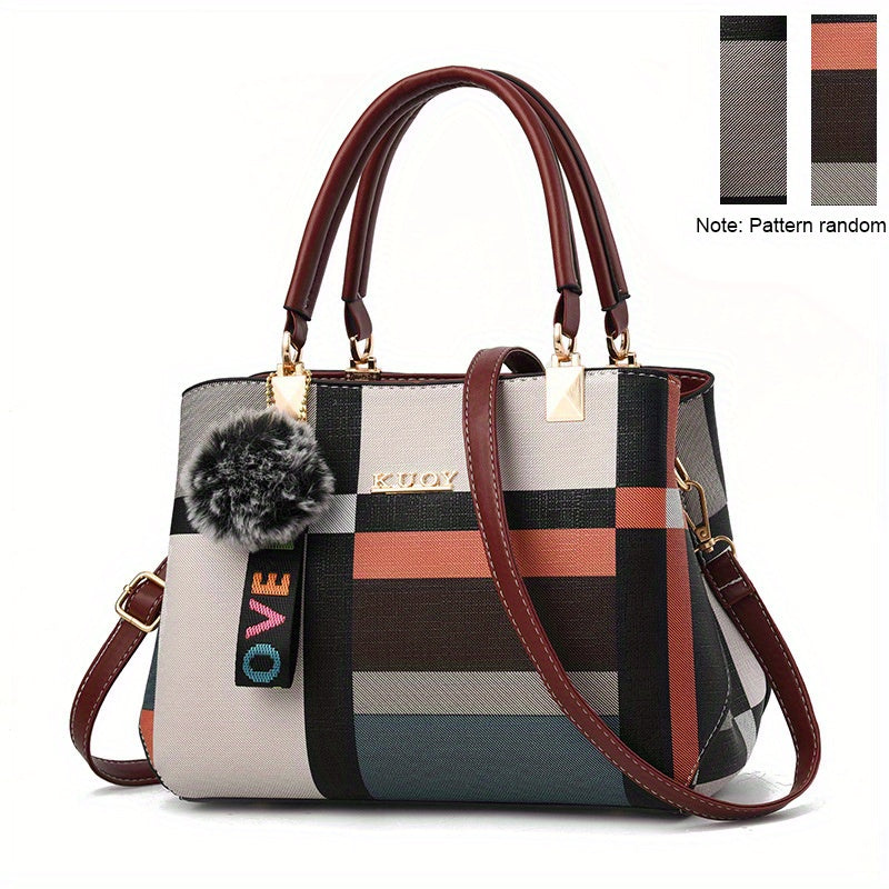 Crossbody Bag for Women – for Work & Everyday Use, Plaid Colorblock Satchel Plush Ball – detail view 8