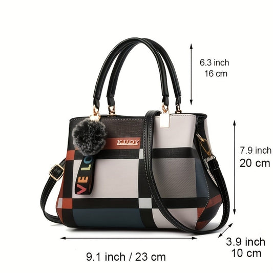 Crossbody Bag for Women – for Work & Everyday Use, Plaid Colorblock Satchel Plush Ball – alternate view