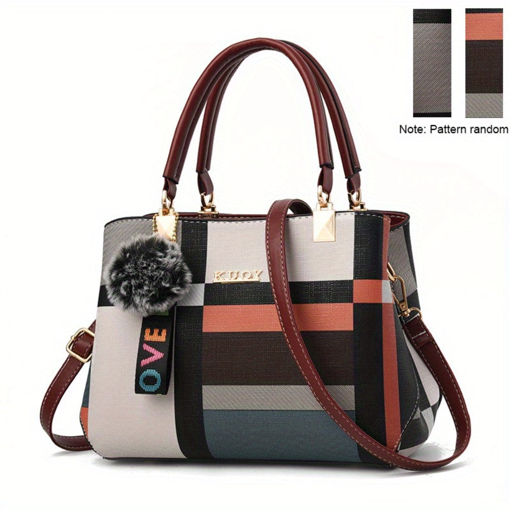 Crossbody Bag for Women – for Work & Everyday Use, Plaid Colorblock Satchel Plush Ball – detail view 2